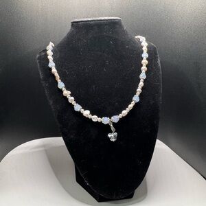 Elegant Silver Freshwater Pearl and Blue Beaded Necklace with Butterfly Charm